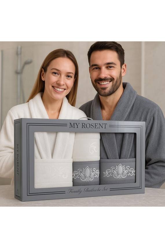 Pamuklu Aile Bornoz Seti (GRİ*KREM) - 1