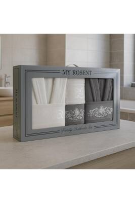 Pamuklu Aile Bornoz Seti (GRİ*KREM) - 2