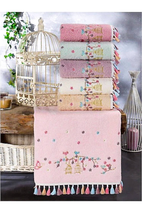 Pamuklu Flora Kafes Nakışlı Püsküllü 6'lı 50x90 El Yüz Havlu Seti (ASORTİ) - 1