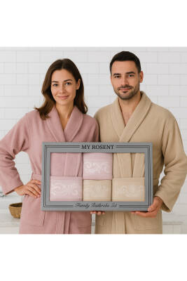 Pamuklu Jakarlı Aile Bornoz Seti (LAÇİVERT*KREM) 