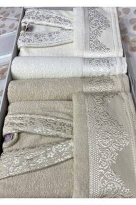 Pamuklu Jakarlı Aile Bornoz Seti (krem cappucino)