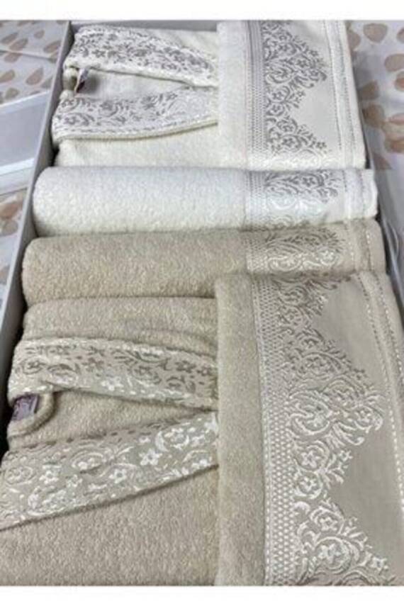 Pamuklu Jakarlı Aile Bornoz Seti (krem cappucino) - 1