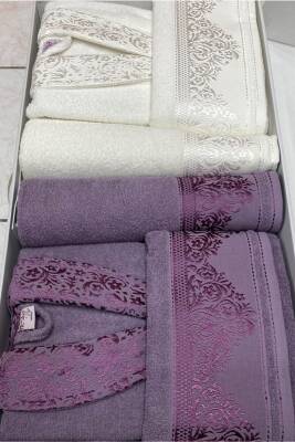 Pamuklu Jakarlı Aile Bornoz Seti (MÜRDÜM*KREM) - 2