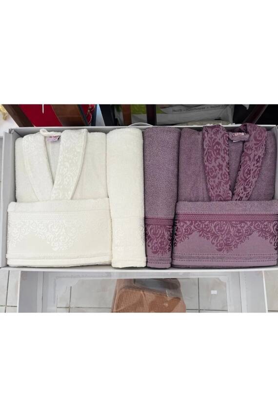 Pamuklu Jakarlı Aile Bornoz Seti (MÜRDÜM*KREM) - 3