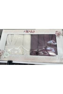 Pamuklu Jakarlı Aile Bornoz Seti (MÜRDÜM*KREM) - 4