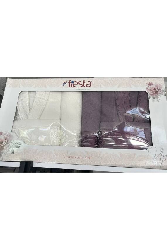 Pamuklu Jakarlı Aile Bornoz Seti (MÜRDÜM*KREM) - 4