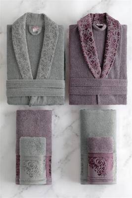 Pamuklu Jakarlı Aile Bornoz Seti (Gri) 