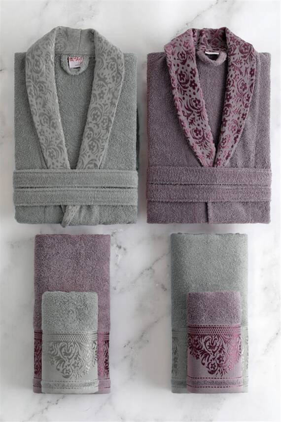 Pamuklu Jakarlı Aile Bornoz Seti (Gri) - 1