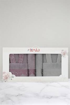 Pamuklu Jakarlı Aile Bornoz Seti (Gri) - 4