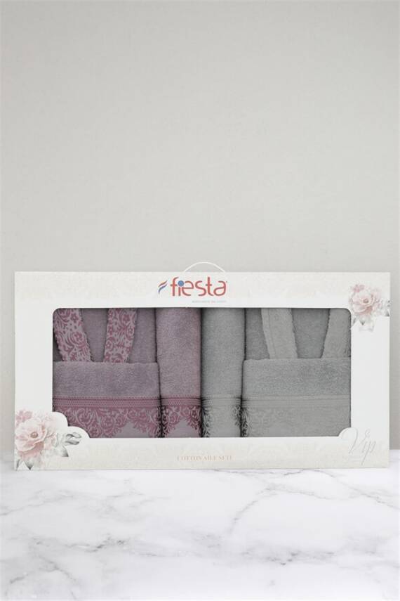 Pamuklu Jakarlı Aile Bornoz Seti (Gri) - 4