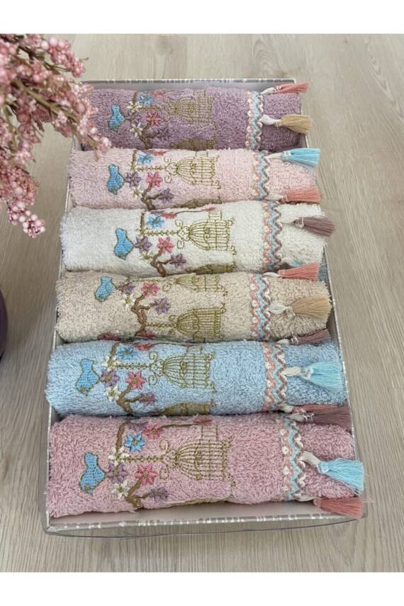 Pamuklu Kafes Nakışlı Püsküllü 6'lı 30x50 Kutulu Mutfak Havlu Seti (ASORTİ) - 1