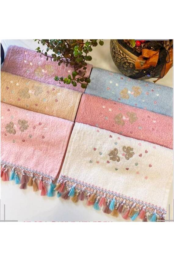 Pamuklu Kelebek Nakışlı Püsküllü 6'lı 30x50 Mutfak Havlu Seti (ASORTİ) - 1