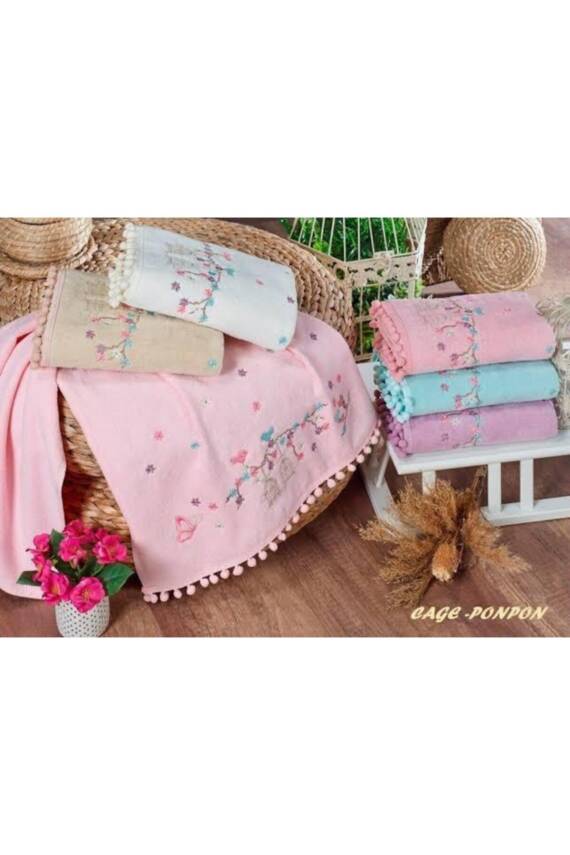 Ponponlu Kafes Nakışlı Kadife 6 Adet 50x90 Kadife El Ve Yüz Havlu Seti (ASORTİ) - 1