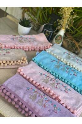 Ponponlu Kafes Nakışlı Kadife 6 Adet 50x90 Kadife El Ve Yüz Havlu Seti (ASORTİ) - 3