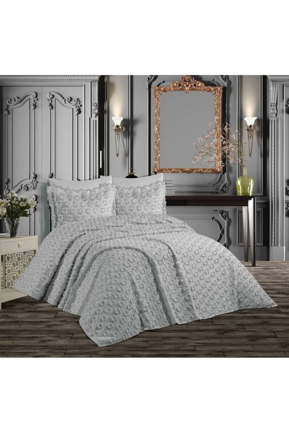 Ponponlu Püsküllü Kutulu Çift Kişilik Yatak Örtüsü Takımı (Gri) - 1