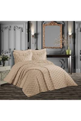 Ponponlu Püsküllü Kutulu Çift Kişilik Yatak Örtüsü Takımı (Bej)