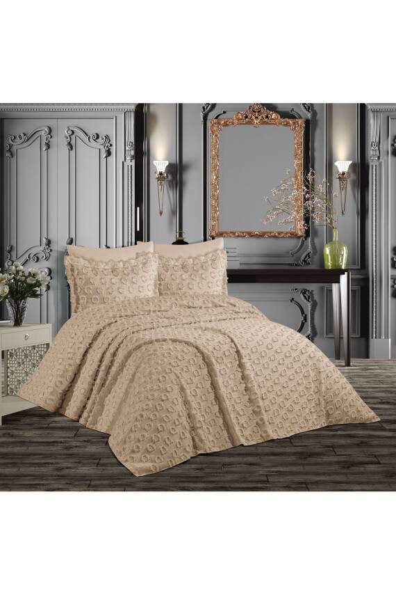 Ponponlu Püsküllü Kutulu Çift Kişilik Yatak Örtüsü Takımı (Bej) - 1