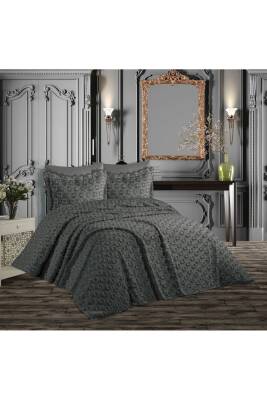 Ponponlu Püsküllü Kutulu Çift Kişilik Yatak Örtüsü Takımı (Antrasit)