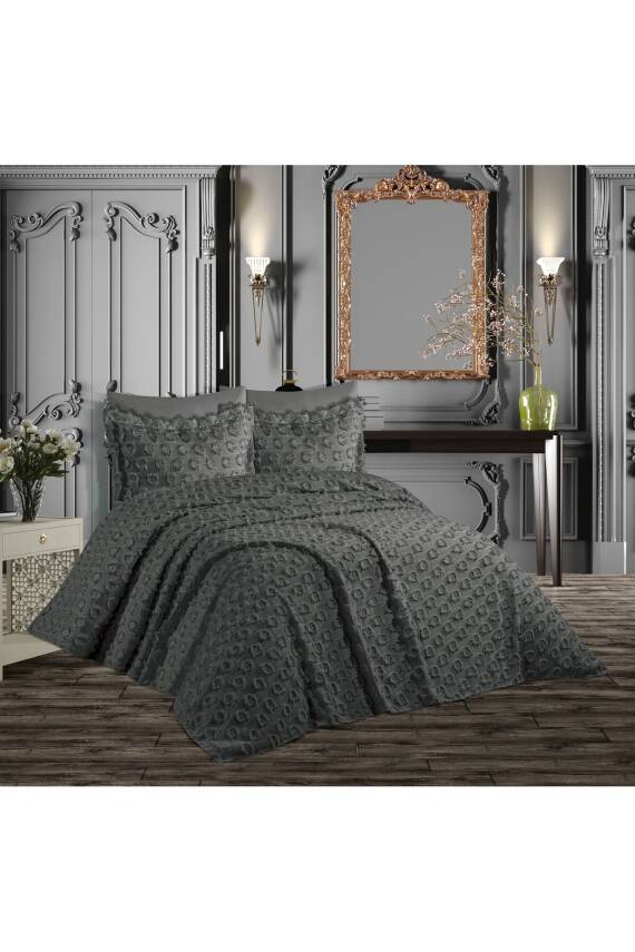 Ponponlu Püsküllü Kutulu Tek Kişilik Yatak Örtüsü (Antrasit) - 1