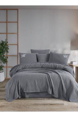 Premium Çift Kişilik Waffle %100 Pamuk, Petek Tasarım Nakışlı  Çift Kişilik Kutulu Pike Takımı (GRİ) - 3