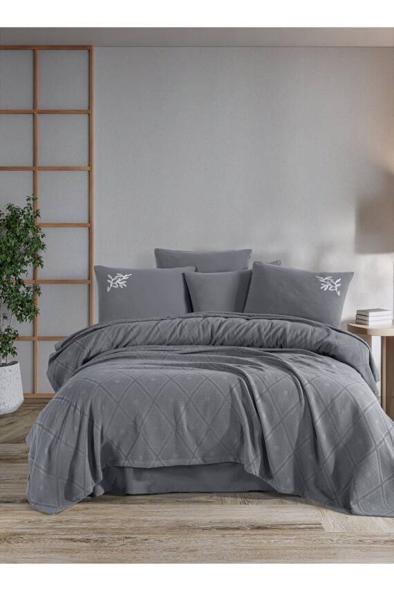 Premium Çift Kişilik Waffle %100 Pamuk, Petek Tasarım Nakışlı  Çift Kişilik Kutulu Pike Takımı (GRİ) - 3