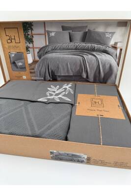 Premium Çift Kişilik Waffle %100 Pamuk, Petek Tasarım Nakışlı  Çift Kişilik Kutulu Pike Takımı (GRİ) - 4