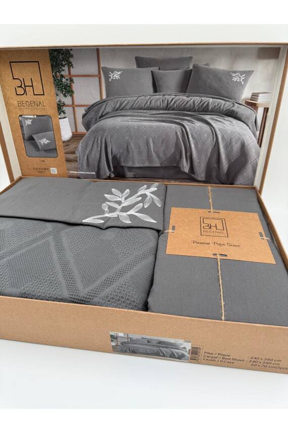 Premium Çift Kişilik Waffle %100 Pamuk, Petek Tasarım Nakışlı  Çift Kişilik Kutulu Pike Takımı (GRİ) - 4