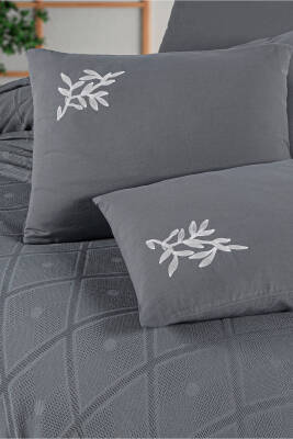 Premium Çift Kişilik Waffle %100 Pamuk, Petek Tasarım Nakışlı  Çift Kişilik Kutulu Pike Takımı (GRİ) - 5