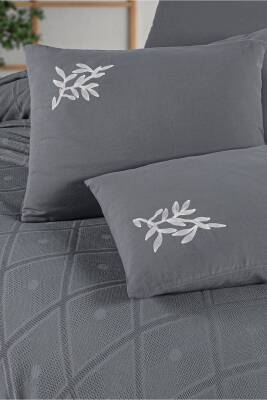 Premium Çift Kişilik Waffle %100 Pamuk, Petek Tasarım Nakışlı  Çift Kişilik Kutulu Pike Takımı (GRİ) - 6