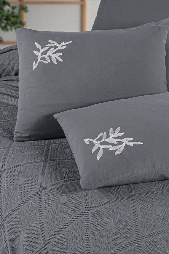 Premium Çift Kişilik Waffle %100 Pamuk, Petek Tasarım Nakışlı  Çift Kişilik Kutulu Pike Takımı (GRİ) - 6