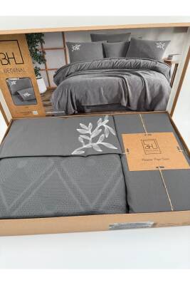Premium Çift Kişilik Waffle %100 Pamuk, Petek Tasarım Nakışlı  Çift Kişilik Kutulu Pike Takımı (GRİ) - 7