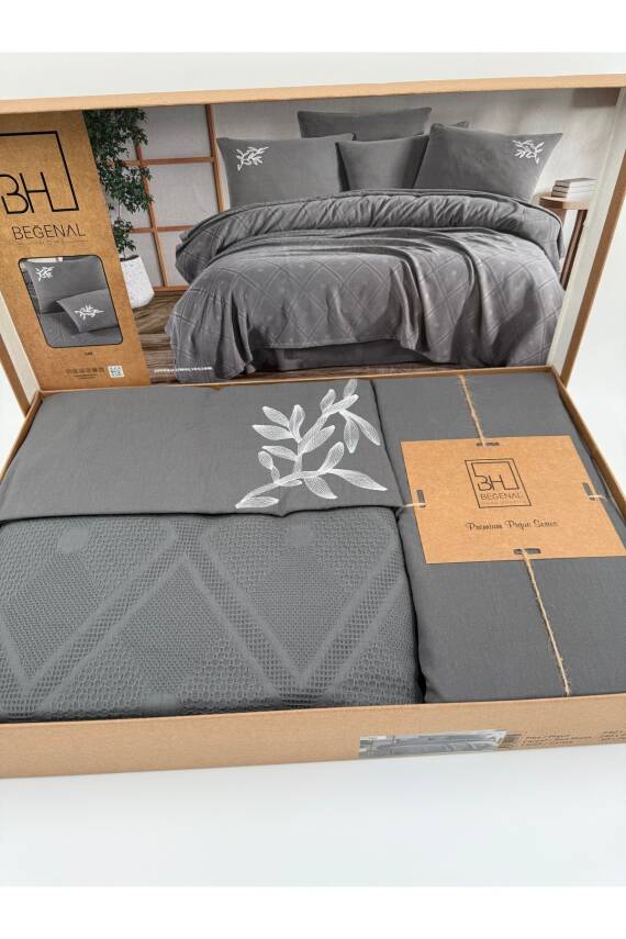 Premium Çift Kişilik Waffle %100 Pamuk, Petek Tasarım Nakışlı  Çift Kişilik Kutulu Pike Takımı (GRİ) - 7