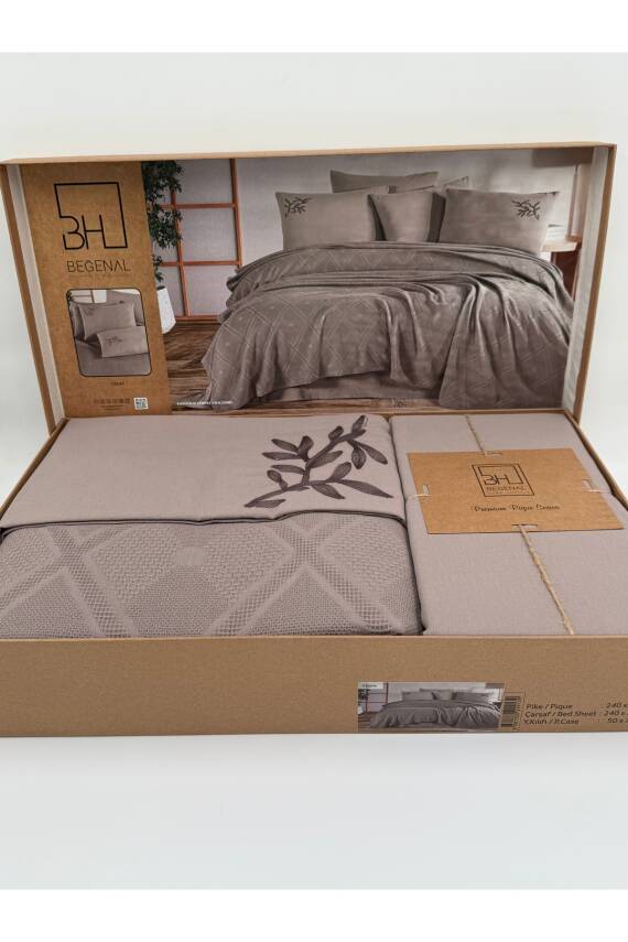 Premium Çift Kişilik Waffle %100 Pamuk, Petek Tasarım Nakışlı  Çift Kişilik Kutulu Pike Takımı (Vizon) - 1