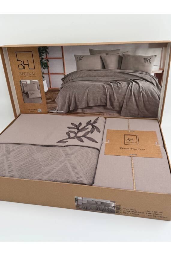 Premium Çift Kişilik Waffle %100 Pamuk, Petek Tasarım Nakışlı  Çift Kişilik Kutulu Pike Takımı (Vizon) - 2