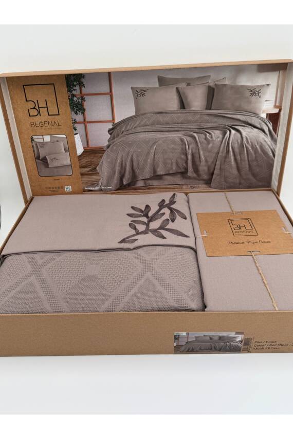 Premium Çift Kişilik Waffle %100 Pamuk, Petek Tasarım Nakışlı  Çift Kişilik Kutulu Pike Takımı (Vizon) - 6