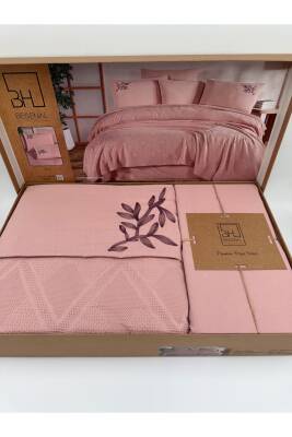 Premium Çift Kişilik Waffle %100 Pamuk, Petek Tasarım Nakışlı  Çift Kişilik Kutulu Pike Takımı (Pembe)