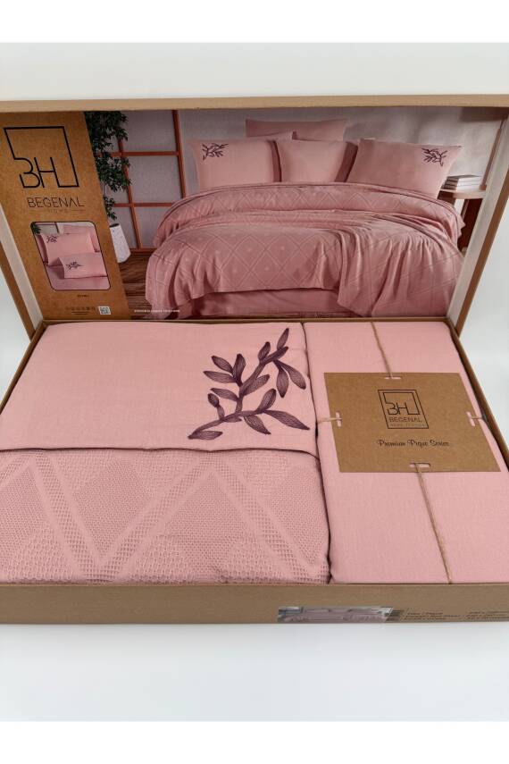 Premium Çift Kişilik Waffle %100 Pamuk, Petek Tasarım Nakışlı  Çift Kişilik Kutulu Pike Takımı (Pembe) - 1