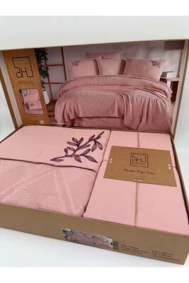 Premium Çift Kişilik Waffle %100 Pamuk, Petek Tasarım Nakışlı  Çift Kişilik Kutulu Pike Takımı (Pembe) - 2