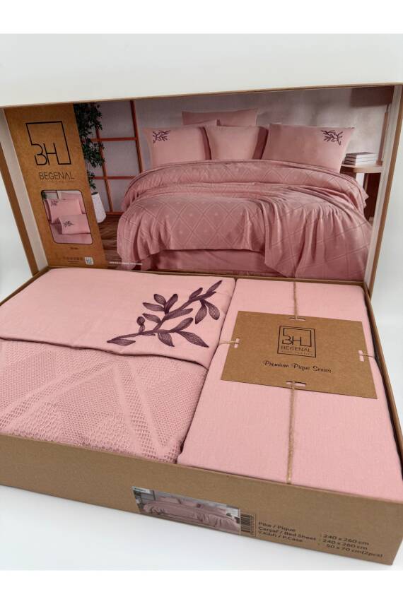 Premium Çift Kişilik Waffle %100 Pamuk, Petek Tasarım Nakışlı  Çift Kişilik Kutulu Pike Takımı (Pembe) - 2