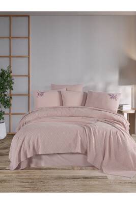 Premium Çift Kişilik Waffle %100 Pamuk, Petek Tasarım Nakışlı  Çift Kişilik Kutulu Pike Takımı (Pembe) - 3