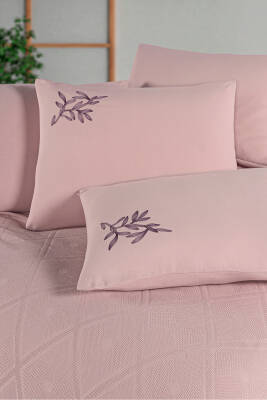 Premium Çift Kişilik Waffle %100 Pamuk, Petek Tasarım Nakışlı  Çift Kişilik Kutulu Pike Takımı (Pembe) - 5