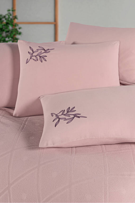 Premium Çift Kişilik Waffle %100 Pamuk, Petek Tasarım Nakışlı  Çift Kişilik Kutulu Pike Takımı (Pembe) - 5