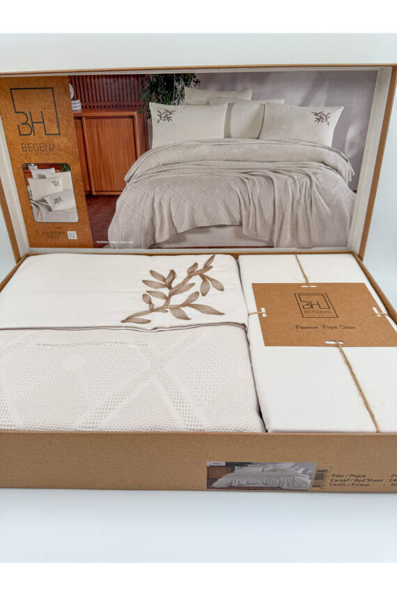 Premium Çift Kişilik Waffle %100 Pamuk, Petek Tasarım Nakışlı  Çift Kişilik Kutulu Pike Takımı (Taş) - 2