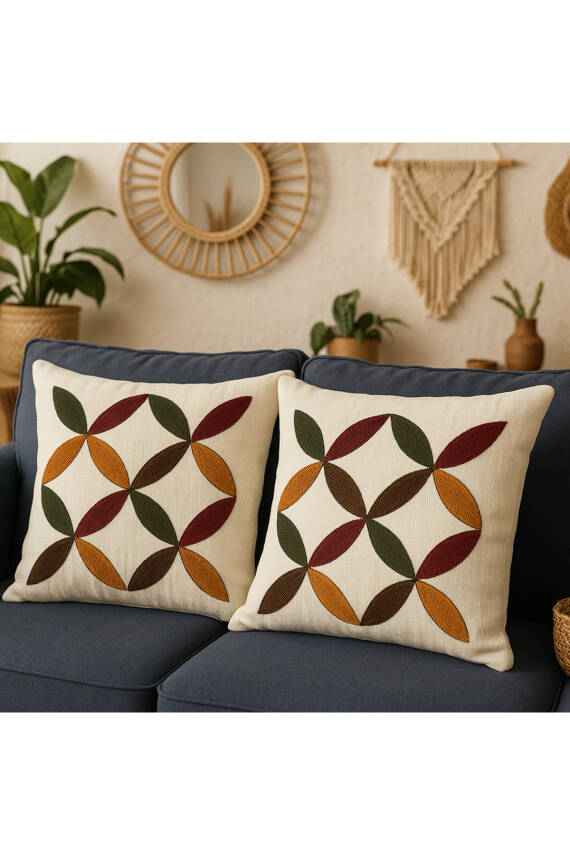 Punch Nakışlı 2 Adet Kırlent Kılıfı (Bej*Bordo) - 2