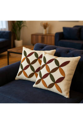 Punch Nakışlı 2 Adet Kırlent Kılıfı (Bej*Bordo) - 3