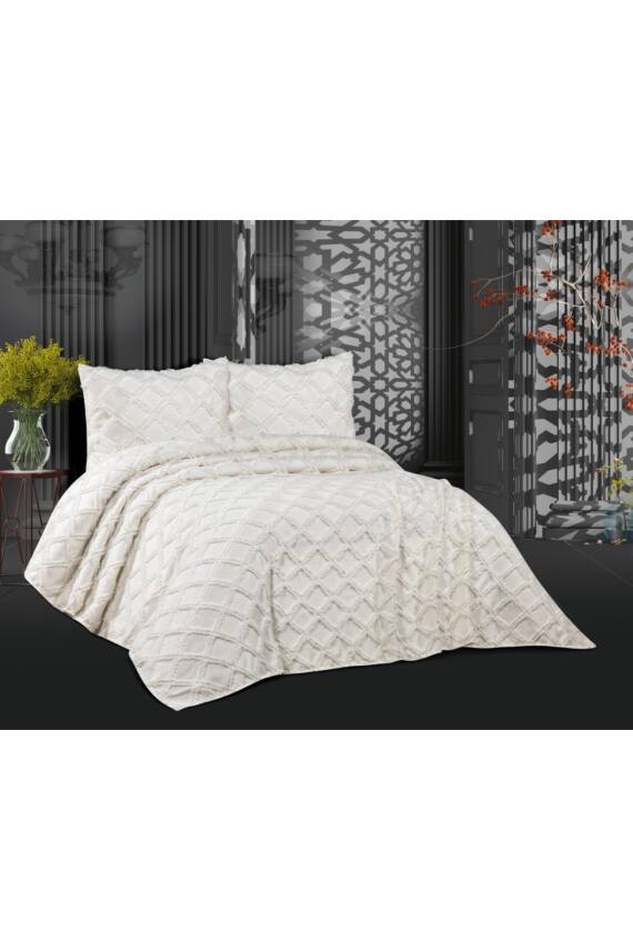 Püsküllü Kutulu Çift Kişilik Yatak Örtüsü takımı (Ekru) - 1