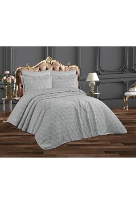 Püsküllü Kutulu Çift Kişilik Yatak Örtüsü takımı (Gri)