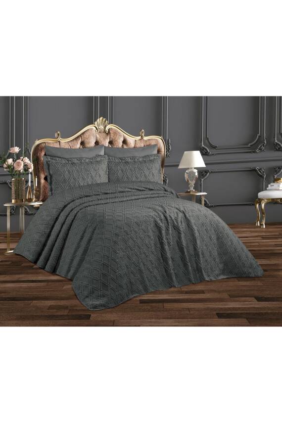 Püsküllü Kutulu Çift Kişilik Yatak Örtüsü takımı (Antrasit) - 1