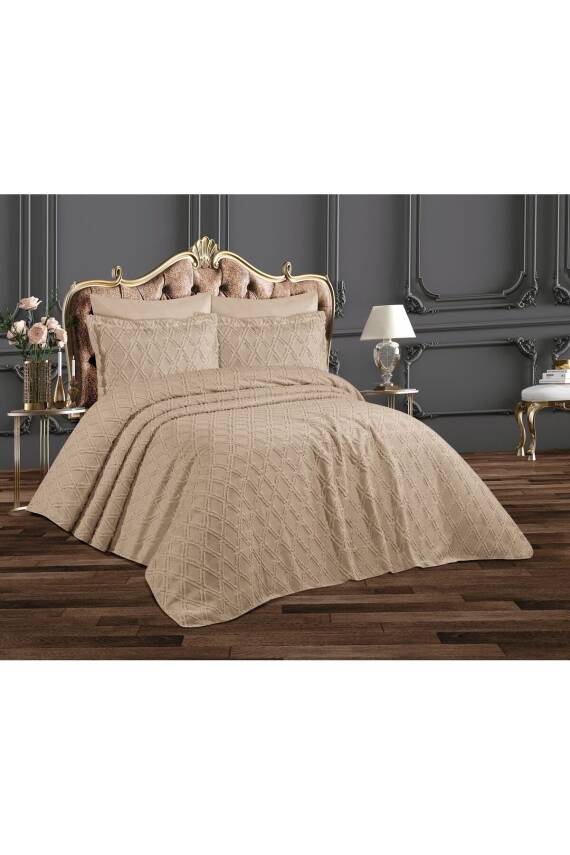 Püsküllü Kutulu Tek Kişilik Yatak Örtüsü (Bej) - 1