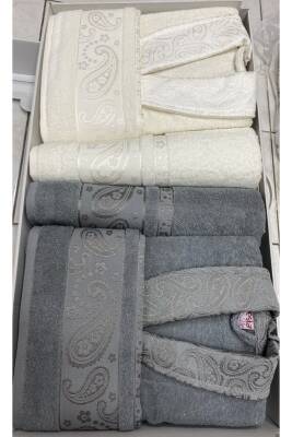 Vip Aile Bornoz Seti 6 Parça %100 Pamuk (GRİ*KREM)